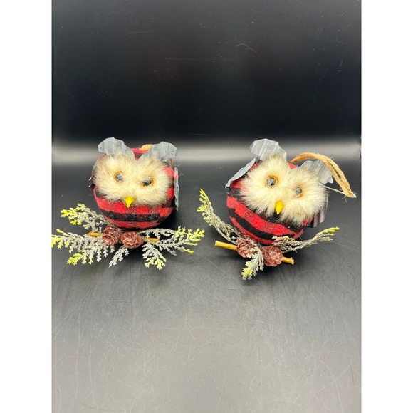 2 Buffalo Plaid Owl Christmas Ornaments Farmhouse Rustic Holiday Decor - Picture 1 of 7